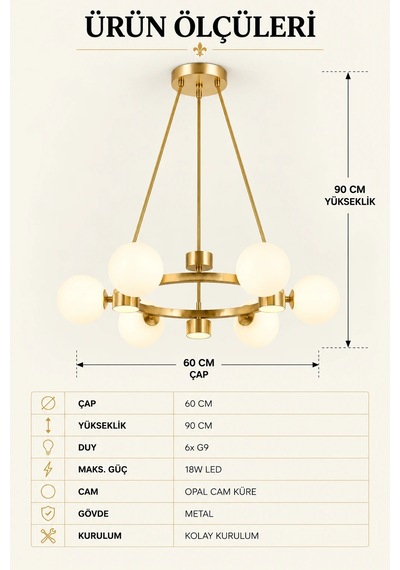 Modern Premium Gold Detaylı 6+6 Led Opak Küreli Avize Salon Mutfak Sarkıt Avize 6xg9 18w