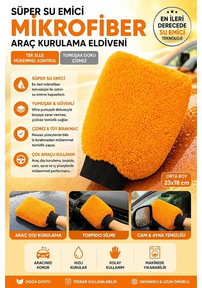 Mikrofiber Oto Araba Yıkama Kurulama Havlusu, Orta Boy Çift Katlı Araç Kurutma Ve Torpido Silme Bezi Turuncu
