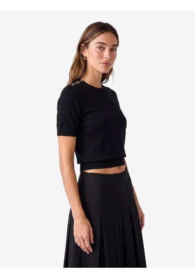 Koton Regular Fit Düğme Detaylı Bisiklet Yaka Kısa Kollu Triko Tişört Siyah 7wak90579ht