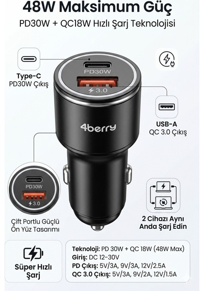Bs02 Pd48w Dual Port Araç Şarj Cihazı Type-c Pd30w + Usb-a Qc3.0 48w Hızlı Şarj Adaptörü