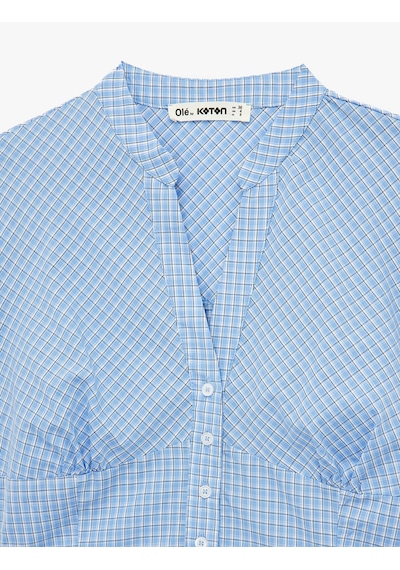Koton Pamuklu Slim Fit Poplin Balon Kollu V Yaka Gömlek Mavi Ekose 6sal60211ıw