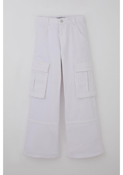 Escabel Kız Çocuk Gabardin Pantolon Kargo Cep Detaylı 10-14 Yaş, Beyaz