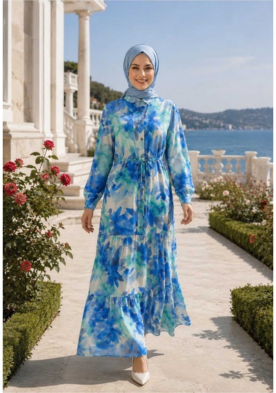 Hb Harma Time Butik Kadın Düğmeli Desenli Modal Kumaş Mavi Elbise Mavi Mavi