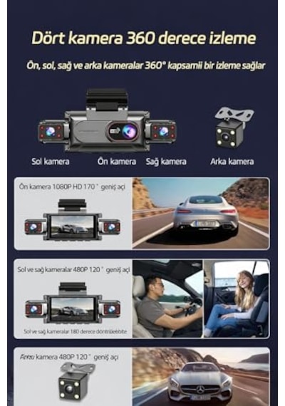 4 Kameralı 360 Derece Araç Kamerası, Full Hd 1080p, Wifi Destekli, Gece Görüşlü, G-sensör, Döngüsel Kayıt, Mobil İzleme