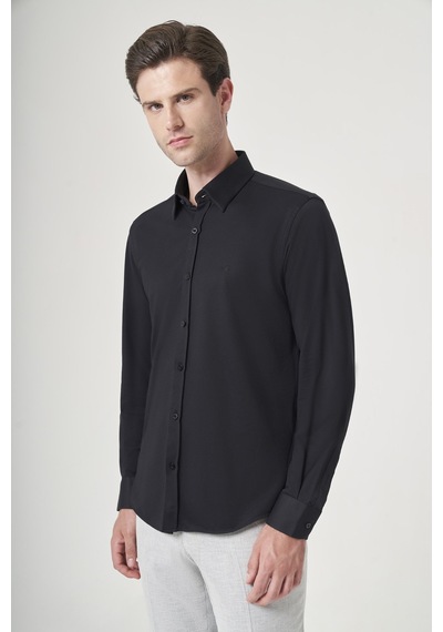 İmza Siyah Tulum Yaka Uzun Kol Cepsiz Örme Slim Fit Pamuklu Gömlek 1004260208