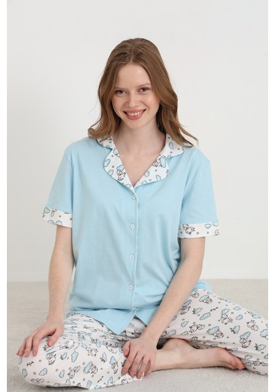 Elitol Pamuklu Kadın Düğmeli Pijama Takımı Mavi-1