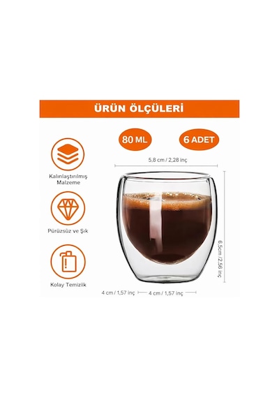 Needd Çift Katmanlı Espresso Cam Bardak Seti 6'lı 80 Ml Borosilikat Double Wall Isı Yalıtımlı Şeffaf