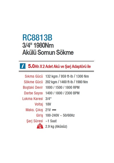 Rotake RC8813B 3/4 1980NM 20V 5Amper Kömürsüz Motor Darbeli Somun Sökme Sıkma Makinesi