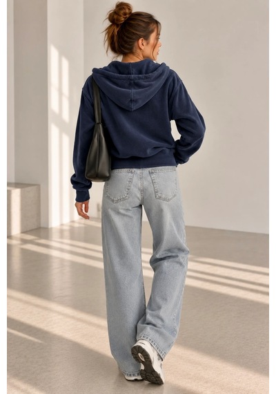 Bb Butik Basic Selanik Dokulu Fermuarlı Kapüşonlu Kadın Sweatshirt My3535 Lacivert