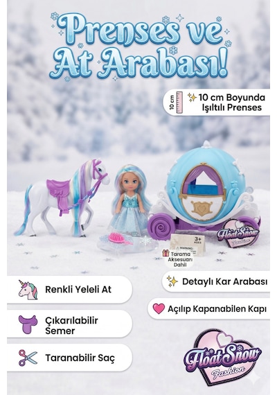 Kış Prensesi Ve At Arabası Oyuncak Seti - 10 Cm Bebek, Renkli Yeleli At Ve Tarak Aksesuarlı