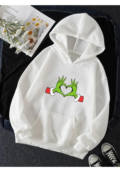 Grinch Happy New Year Kalp Kapşonlu Sweatshirt 001
