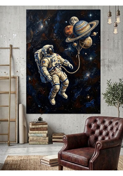 Gezegen Balonlu Astronot Uzay Yürüyüşü Dekoratif Kanvas - Mdf Ahşap Tablo Çok Renkli