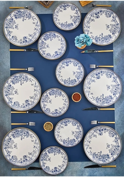 19 Parça Seramik Pasta Servis Sunum Tabağı Takımı - Mavi Gold