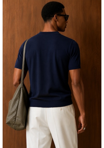 Tarz Cool Erkek Bisiklet Yaka Kısa Kollu İnce Triko Slim Fit Günlük Şık Triko T-shirt Lacivert