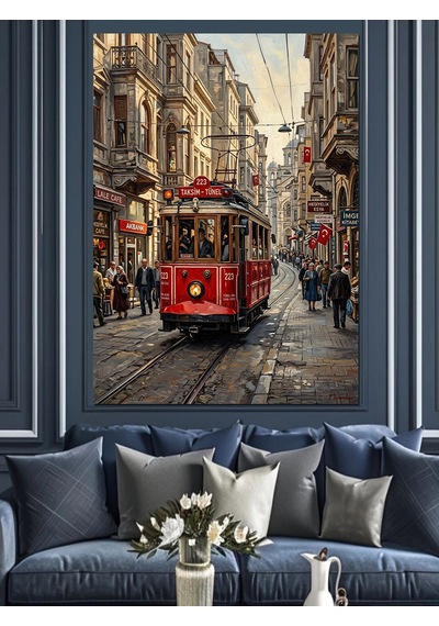 Yağmurlu Şehirde Kırmızı İstanbul Tramvayı Dekoratif Kanvas - Mdf Ahşap Tablo