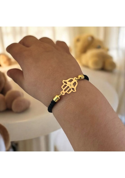 N Harfine Özel Hamsa Motifli 14 Ayar Altın Plakalı Siyah İpek Örgülü Hediye Bileklik-509harf N