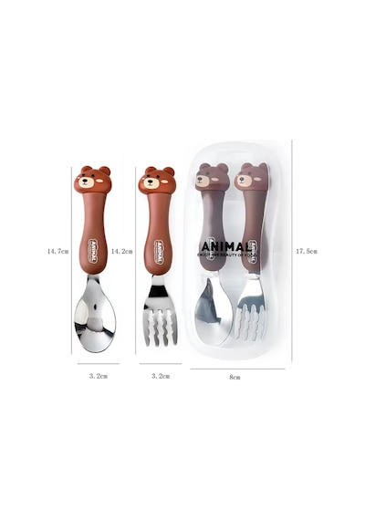 Kahverenk Ayı Figürlü Premium Çocuk Bpa Free Paslanmaz Çelik Uçlu Çatal-kaşık Set 24+ Ay