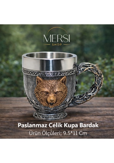 Mitolojik Ayı Figürlü 3d Kabartmalı Paslanmaz Çelik Kupa Bardak Dekoratif Viking Tarzı Kupa Gri - Gümüş