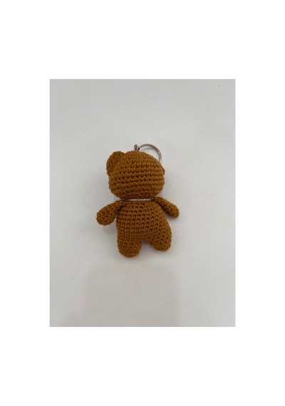 El Yapımı Amigurumi Ayıcık Anahtarlık - Örgü Figür, Jüt Fiyonklu 9-10 Cm Kahverengi Kahverengi