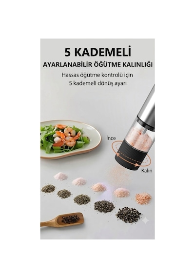 2 Adet Şarjlı Otomatik Baharat Öğütücü Değirmen - 5 Kademe Ayarlı Seramik 2'li Tuz Karabiber Değirmeni Siyah