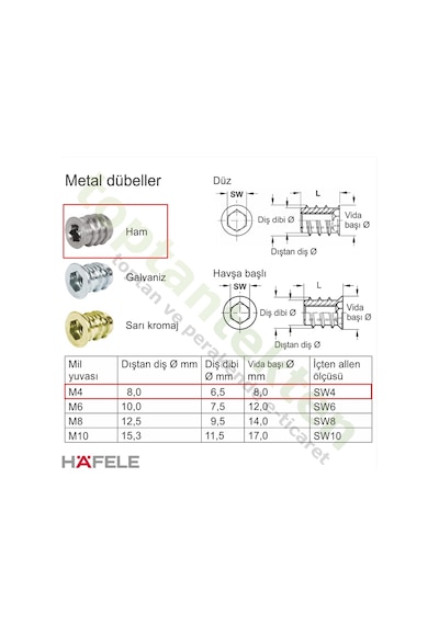 Hafele Dübel Çelik Ham Düz M4X10Mm