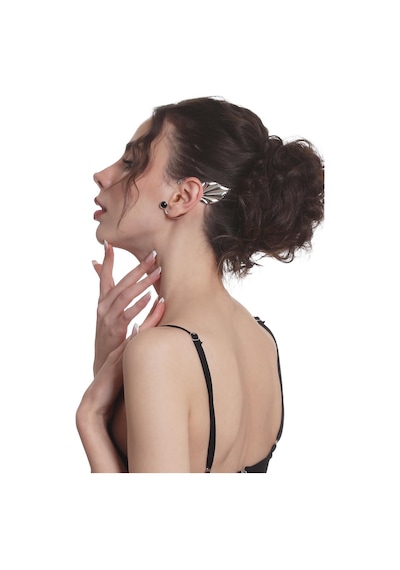Kadın Gümüş Renk Lak Kaplama Taşlı Yaprak Stilizesi Sol Kulak Earcuff & Kıkırdak Küpe Çok Renkli