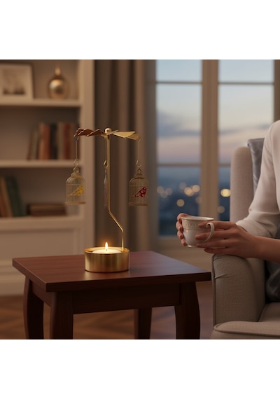 Altın Renkli Döner Kuş Kafesi Sarkaçlı Isı İle Dönen Dekoratif Mumluk Gold