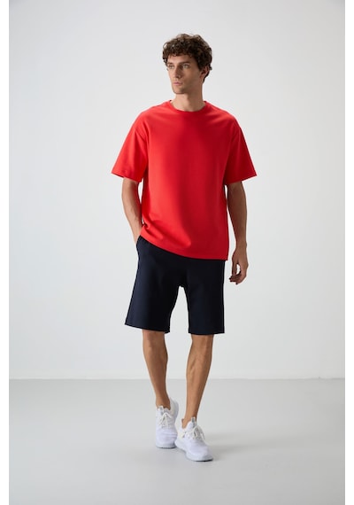 Tommy Life Fiesta - Lacivert Pamuklu Kalın Yumuşak Dokulu Oversize Fit Basic Erkek Şort Takım - 85249 Kırmızı