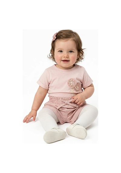 Bebegen Kız Bebek Pembe Tomurcuk Çiçek Kabartmalı Şortlu 2'li Takım