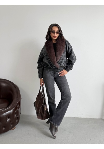 Verymoda Yakası Kürklü Kruvaze Deri Mont F2050 Siyah