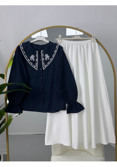 Lovie Moda Nakışlı Bebe Yaka Etekli Takım Siyah