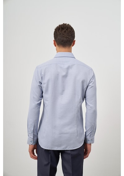 İmza Koyu Mavi Uzun Kol Kendinden Desenli Armürlü Sert Yaka Cepsiz Pamuklu Classic Slim Fit Gömlek 1004245161 Koyu Mavi