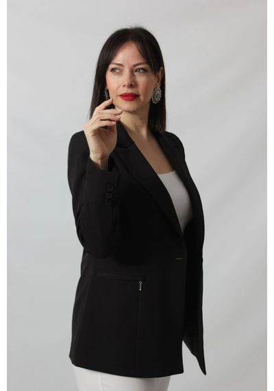 Moda Berray 1904 Siyah Fermuarlı Cep Aksesuarlı Kadın Büyük Beden Blazer Ceket Siyah