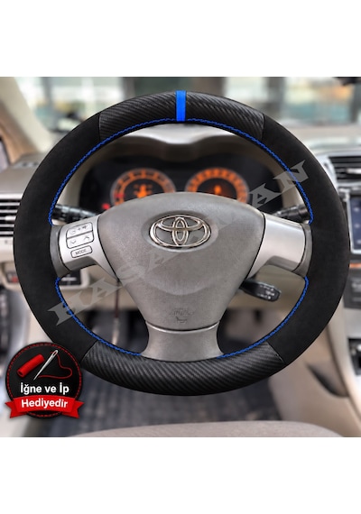 Toyota Corolla E120 Dikme Direksiyon Kılıfı Alcantara Süet Mat Karbon Mavi Yüzük Ve Dikiş 2002-2007