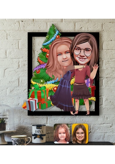 Kişiye Özel Yeni Yıl Kız Kardeşler Karikatürlü 3D Ahşap Tablo-3 (462902048)