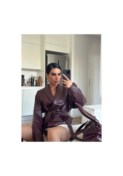 Meecy Kadın Zr Model Şal Yaka Bağlamalı Deri Ceket Bordo Bordo