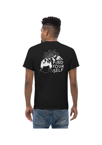 Wildstyle Find Yourself Kendini Keşfet Dağ Kamp Doğa Baskılı Unisex Pamuklu Tişört Siyah