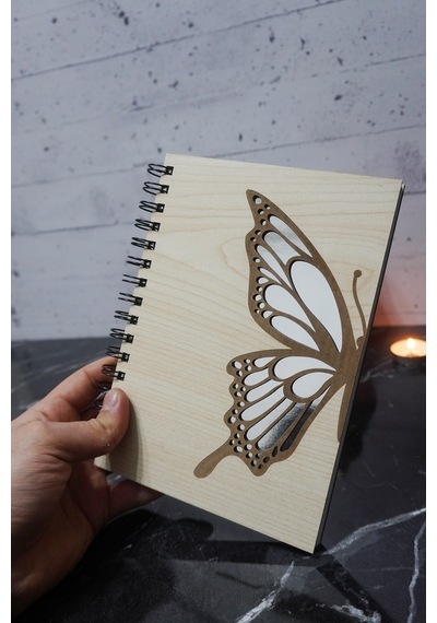 Kelebek Desenli Ahşap Kapaklı Defter - Ajanda - Günlük - Çizgisiz Defter - Notebook - Hediyelik