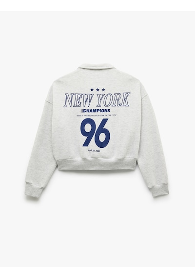 Koton Şardonlu Uzun Kollu Cepli Arkası Baskılı Fermuarlı Sweatshirt Kar Melanj 6wal10203ık Gri Melanj