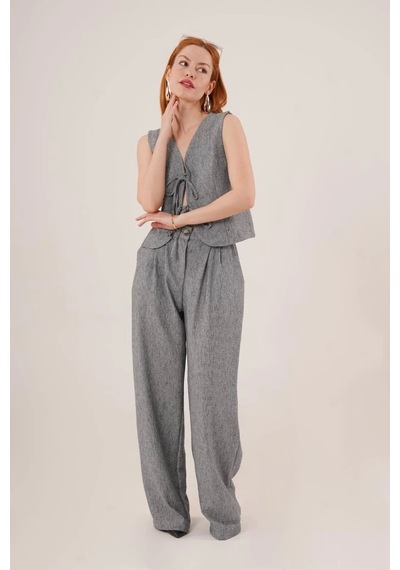 Defymoda Ön Bağlama Detaylı Yelek Ve Pantolon Antrasit İkili Takım Siyah