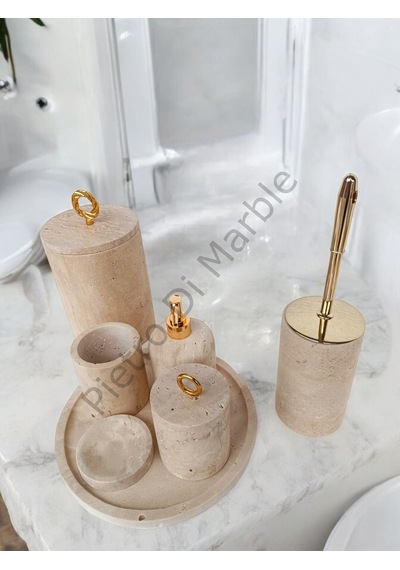 Sarı Traverten Klasik Model 7 Parça Gold Renk Halka Aksesuarlı Banyo Seti Sarı Traverten