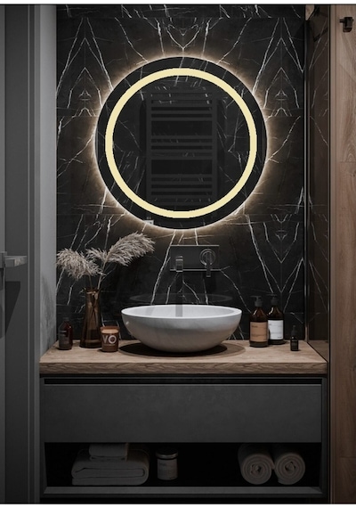 Nuun Dekor 60cm Günışığı Ledli Kumlamalı Banyo Lavabo Ofis Makyaj Kuaför Aynası - Trafolu Ahşap