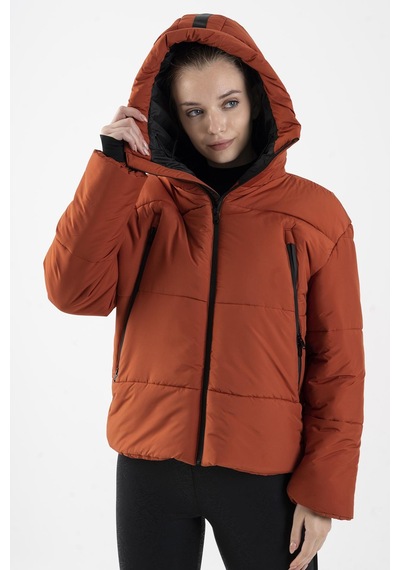 Maraton Oversize Kadın Kapüşonlu Kiremit Mont Kiremit