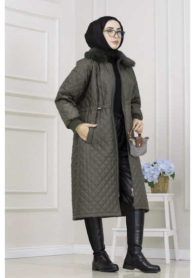 Yakası Kürklü Capitone Mont-haki-5562 Haki