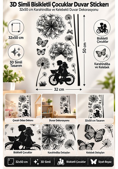 3d Simli Bisikletli Çocuklar Duvar Stickerı 32x50 Cm Karahindiba Kelebekli Çocuk Odası Dekoru Renkli