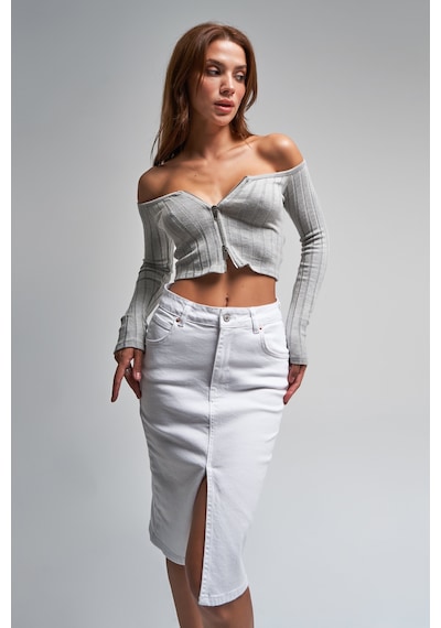 Itsbasic Kadın Beyaz Renk Erica Midi Boy Yüksek Bel Yırtmaçlı Jean Etek