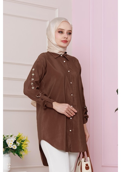 Sevitli Kolu Çakım Detaylı Tunik-kahverengi-4728 Kahverengi