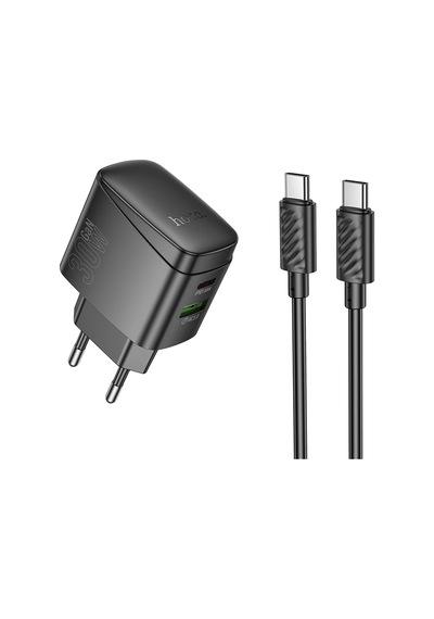 Hoco. Cs61a Bright 30w 1 Adet Type-c Ve 1 Adet Usb 3.0 Qc Çıkışlı Ekstra Type-c To Type-c Kablolu Pd Hızlı Şarj Aleti - Siyah
