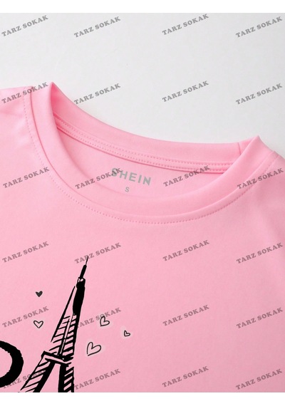 Flood Of Style Crop Ckod-232913 Eyfel Kulesi Yazılı Baskılı Kısa Pembe