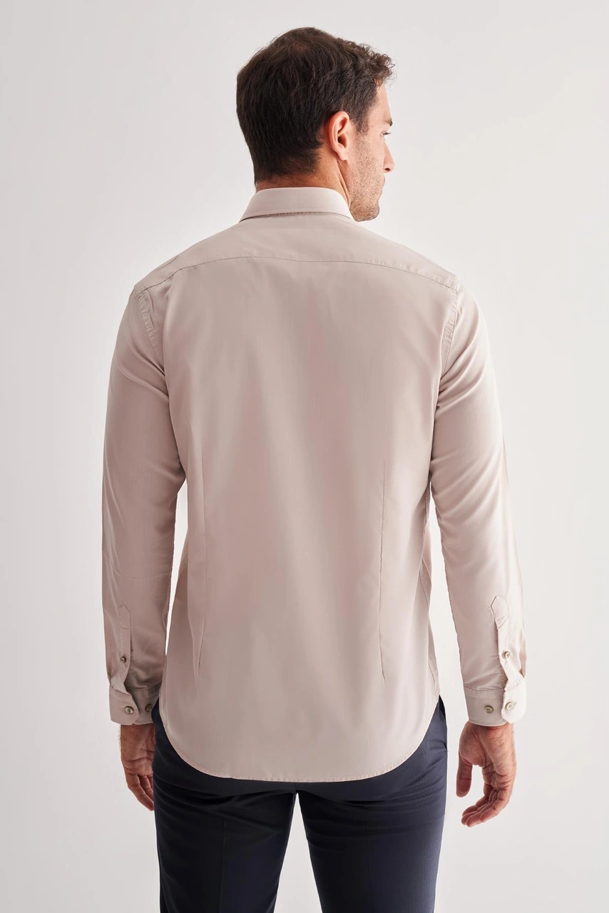 İmza Koyu Bej Yarım İtalyan Yaka Uzun Kol Slim Fit Pamuklu Gömlek 1004255180 Koyu Bej